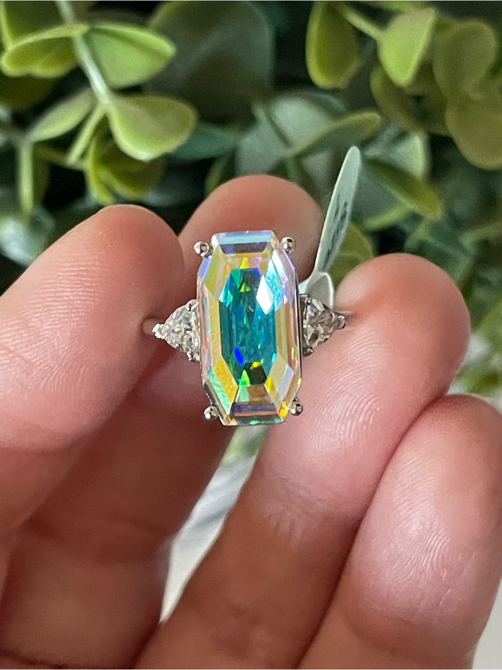 Bleu + Sage Sterling Silver Mystic Rainbow Crystal Emerald Cut Statement Ring 7